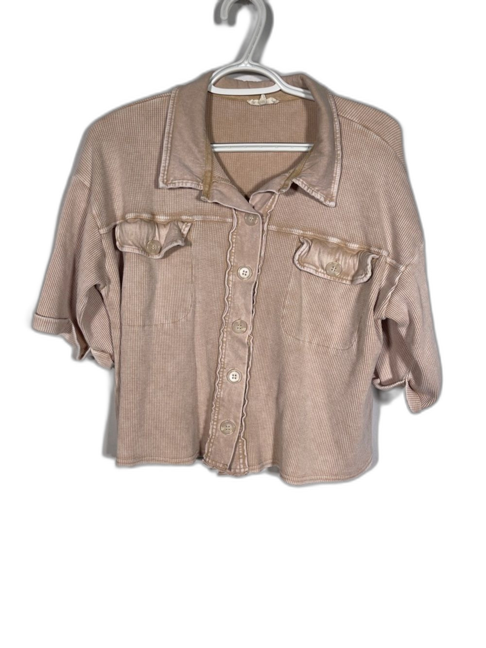 EASEL BOUTIQUE WAFFLE TEXTURE BUTTON DOWN BLOUSE SEMI CROPPED BEIGE MEDIUM